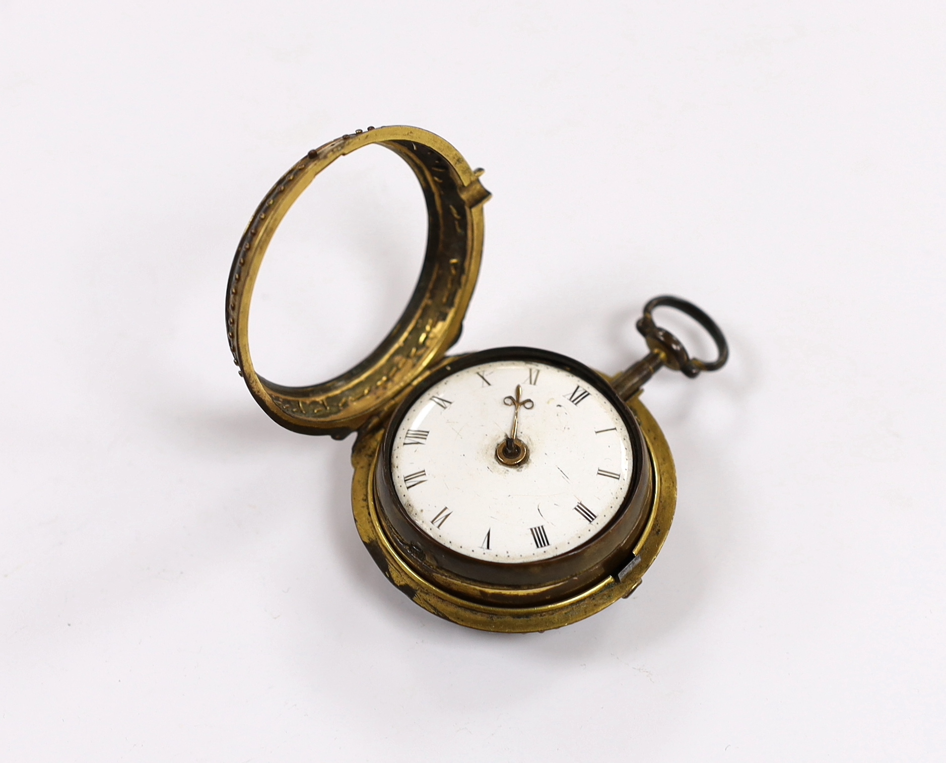 A mid 18th century gilt metal pair cased verge pocket watch, by Henry Hurt, London, (a.f.), outer case diameter 46mm.